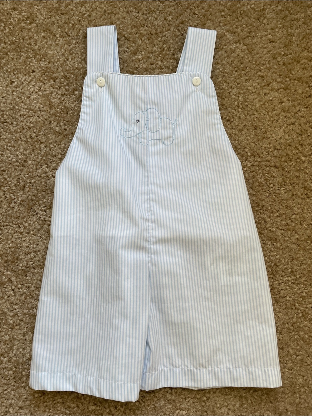 Striped Light Blue Baby Overalls with Elephant Embroidery